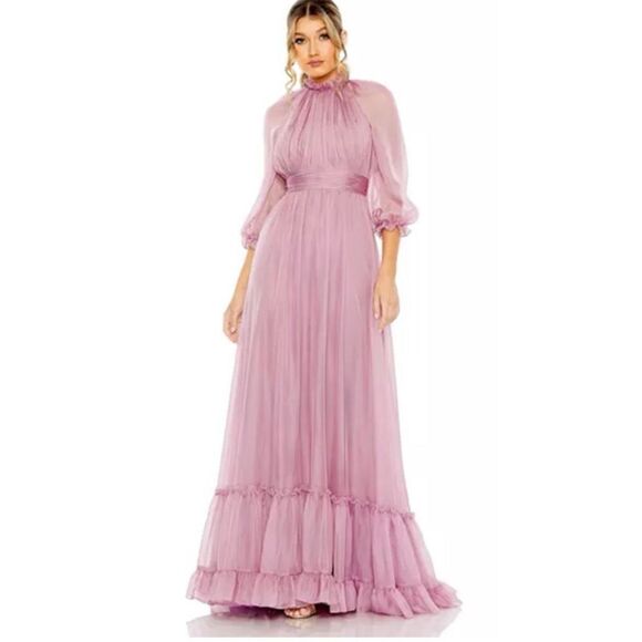 Mac Duggal Chiffon Ruched Illusion Raglan Sleeve Ruffled Gown Lilac Women's 12 - Picture 10 of 10